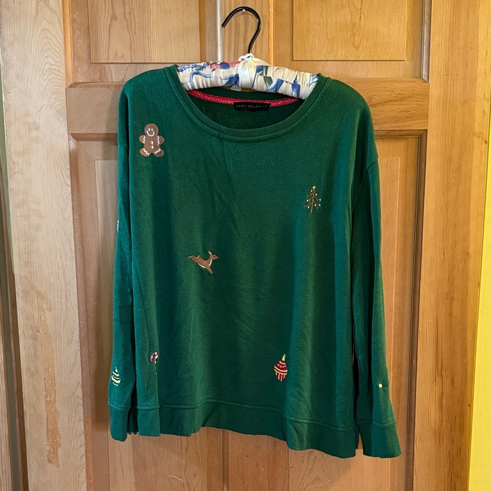 Jane and Delancey Green Sweater with Holiday Embroidery